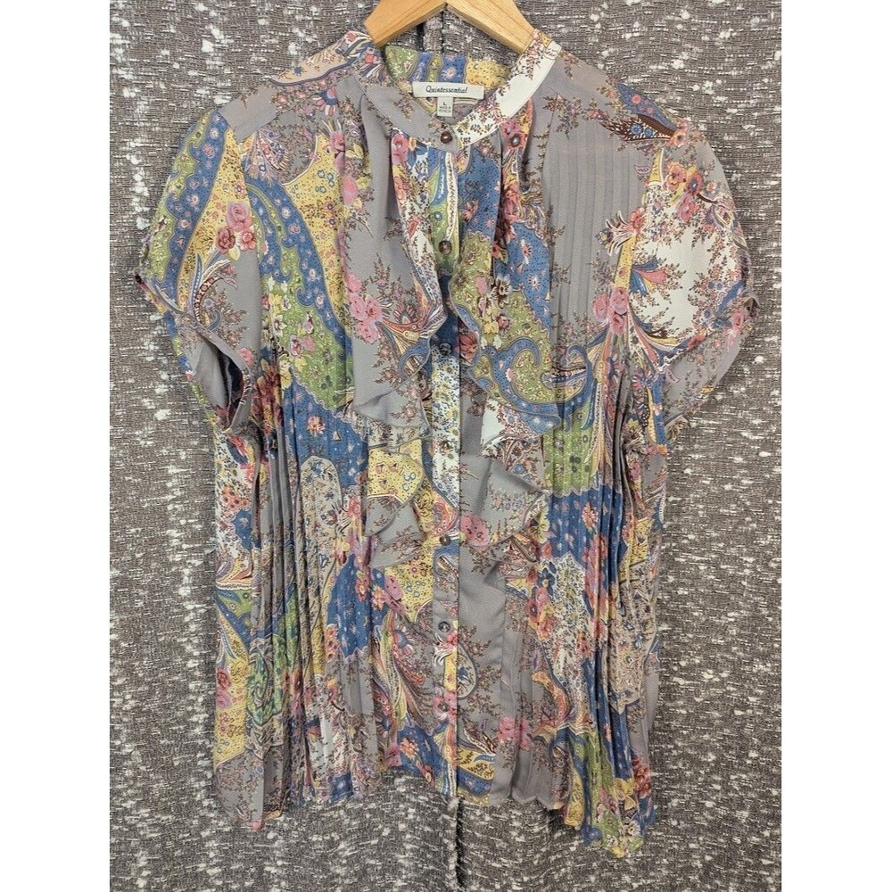 Quintessential Paisley Ruffled Short Sleeve Button Up‎ Blouse Women's Large